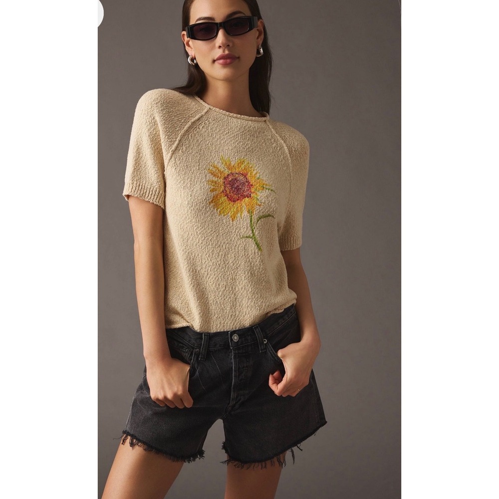 Pilcro Anthropologie Short Sleeve Sunflower Graphic Sweater Ivory Cotton Small